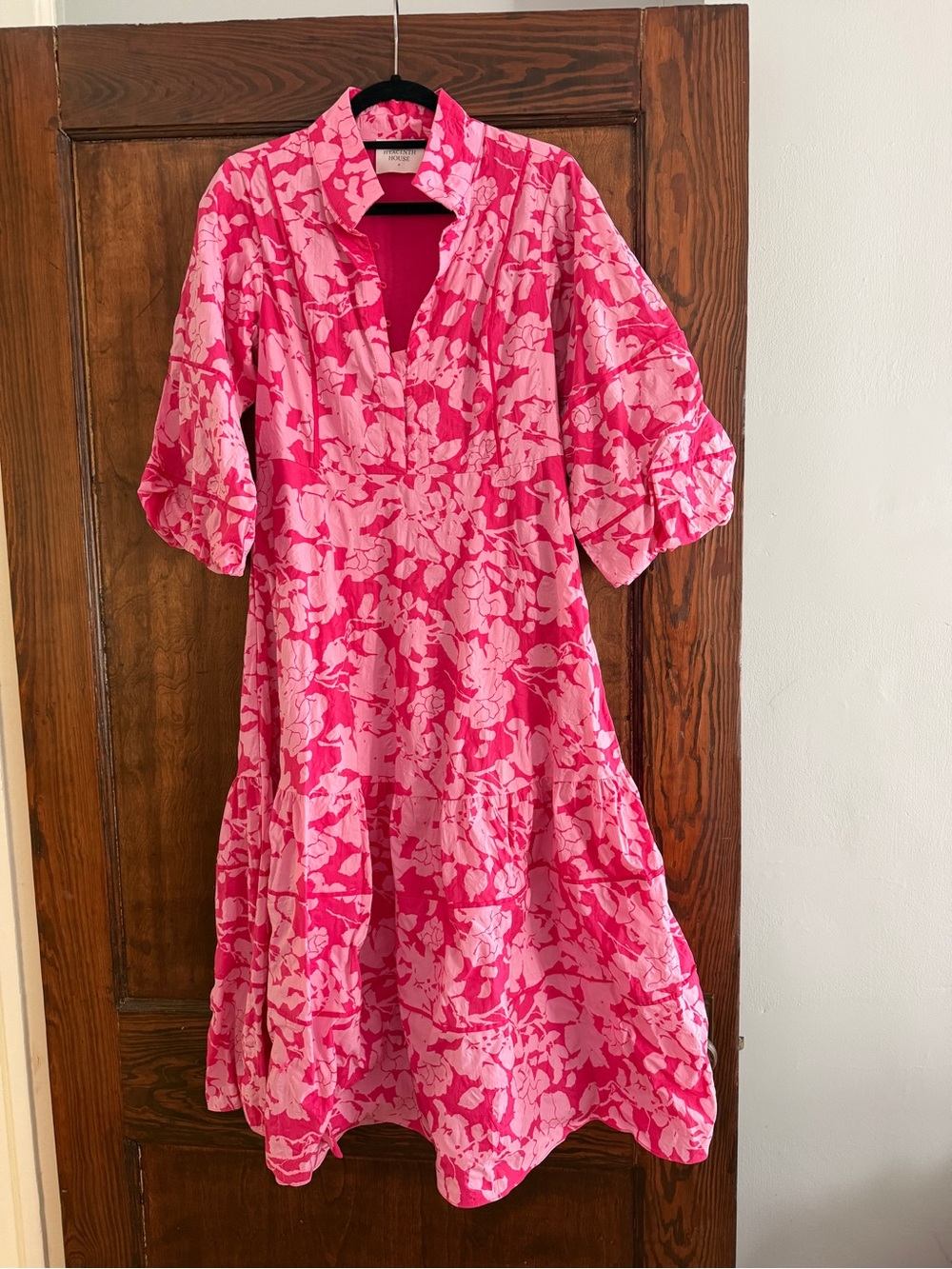 Bright Pink Floral Tiered Midi Dress — Relaxed V-Neck